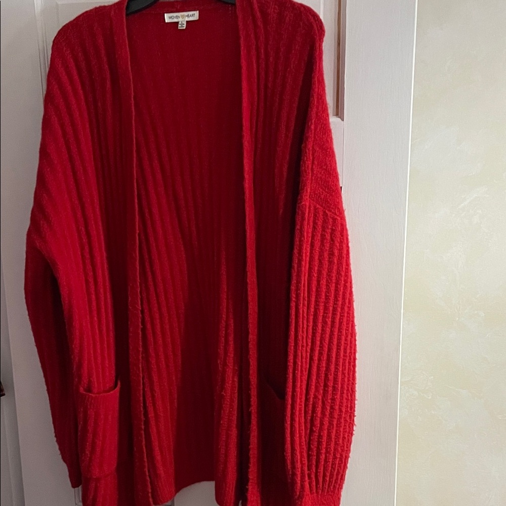 Woven Heart Vibrant Red Ribbed Cardigan in size Large